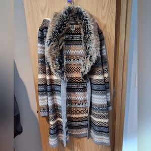 Patterned Faux Fur Collar Cardigan